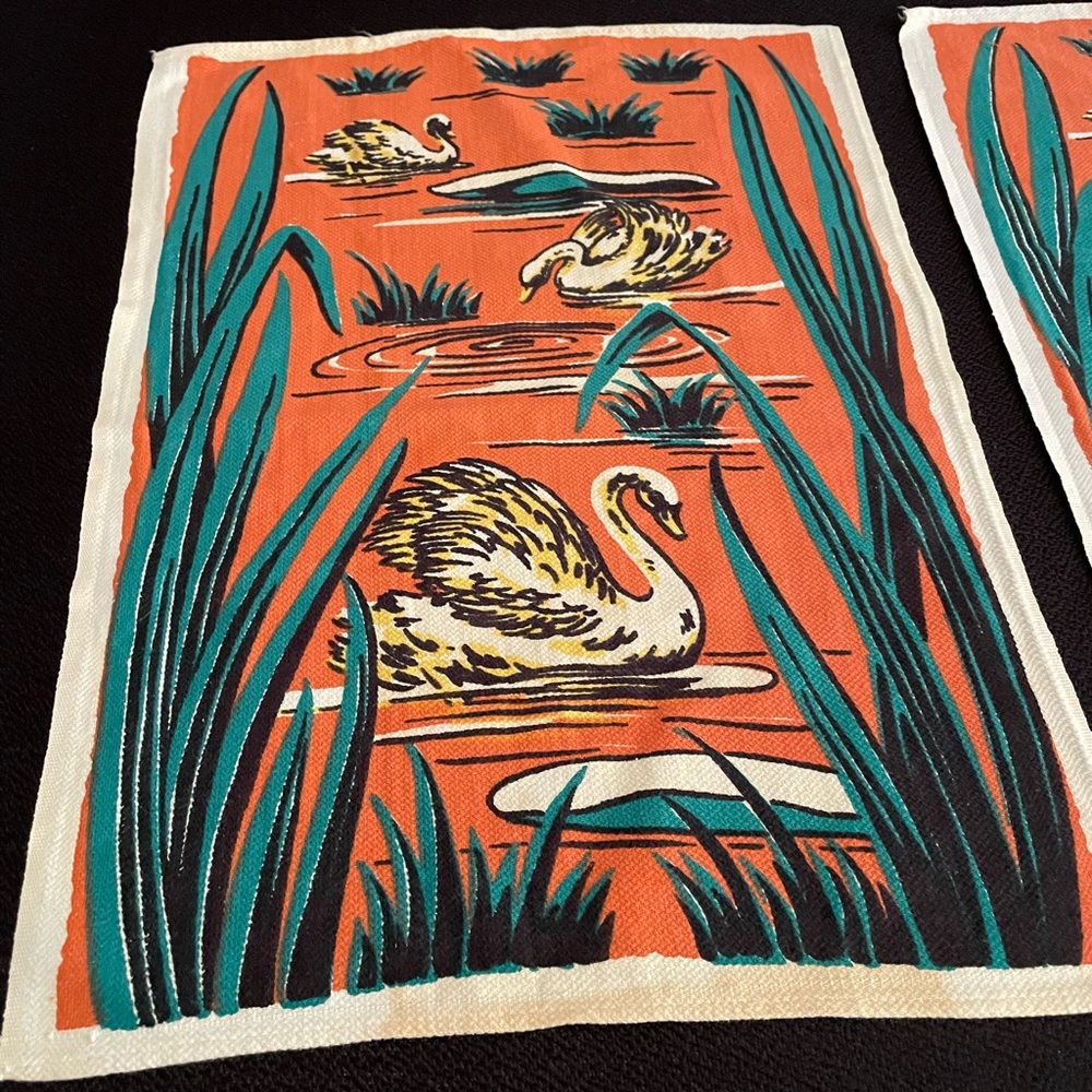 VTG mid-century Startex Handette orange/green swans decorative tea towels (x2) - Picture 4 of 12
